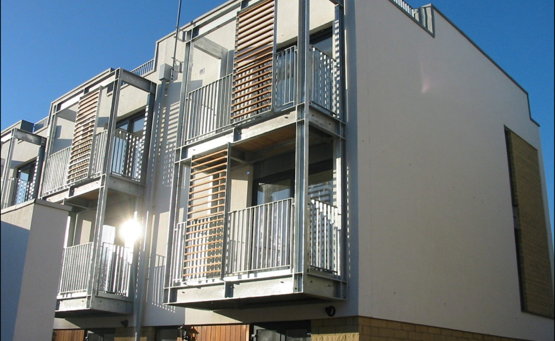 Varcity, Miller Homes townhouses with steel balconies, screens and railings by Blake Group