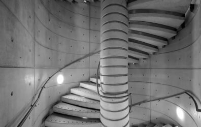 National Museum of Scotland stunning spiral concrete staircase. Steel handrails by Blake Group
