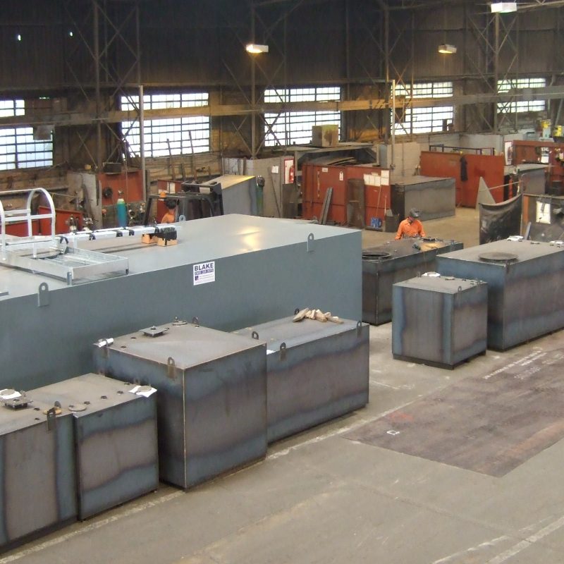 Internal view of the Blake Group factory with metal storage tanks being made.