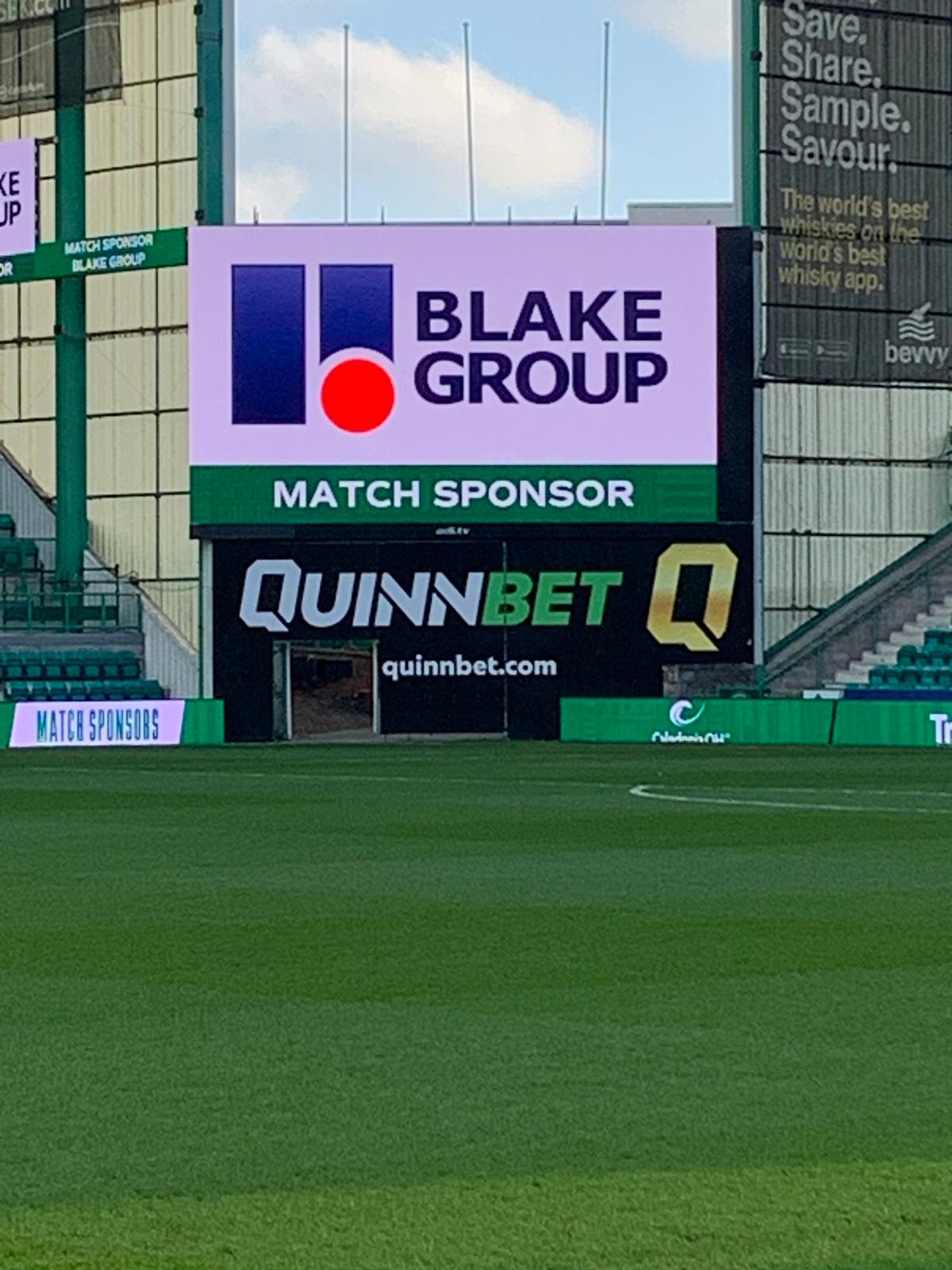 Blake Group Match Sponsor advert at Hibernian FC stadium in Edinburgh
