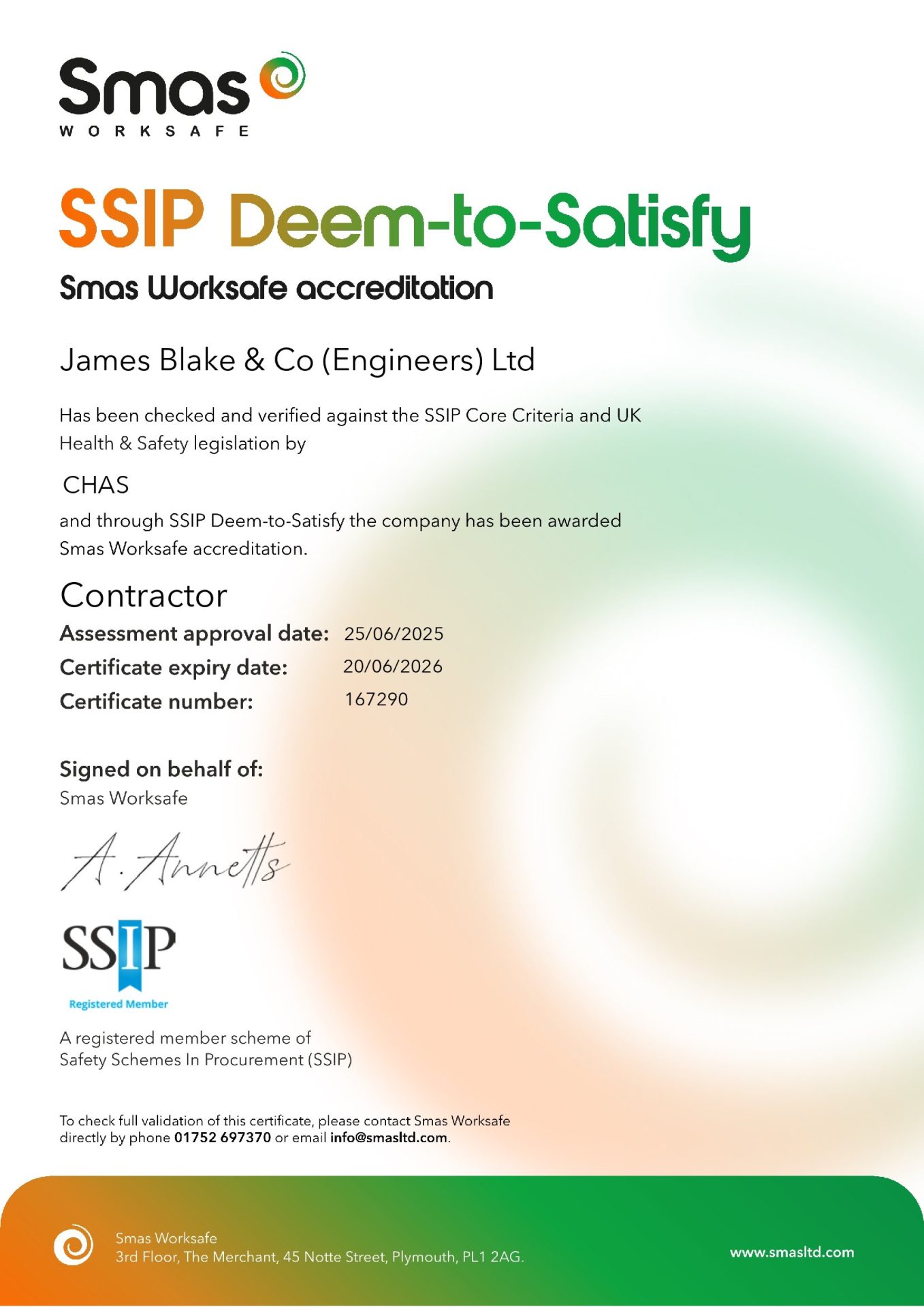 Smas Worksafe accreditation for James Blake & Co (Engineers) Ltd
