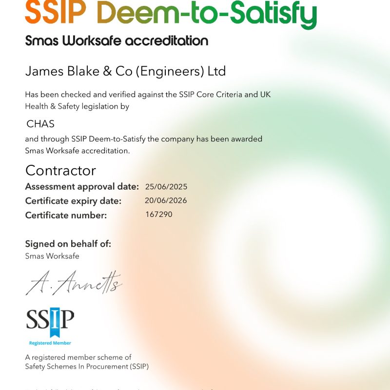 Smas Worksafe accreditation for James Blake & Co (Engineers) Ltd