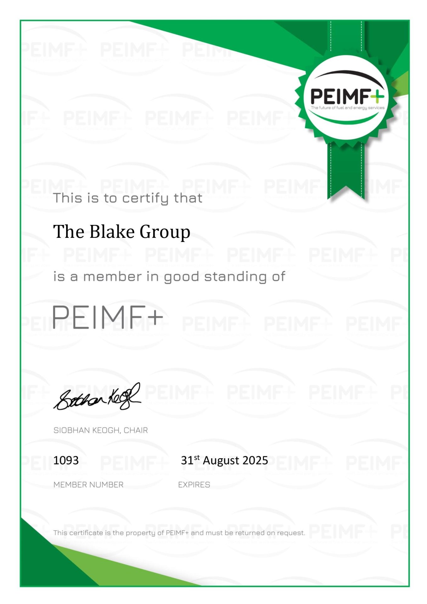 Certificate to certify The Blake Group is a member in good standing of PEIMF+