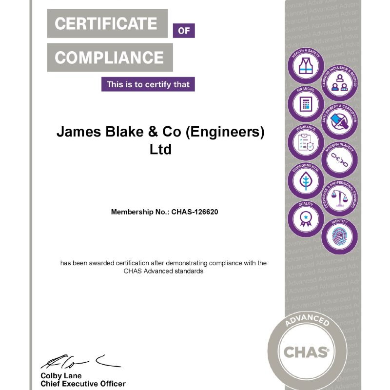 CHAS Certificate of Compliance for James Blake & Co (Engineers) Ltd