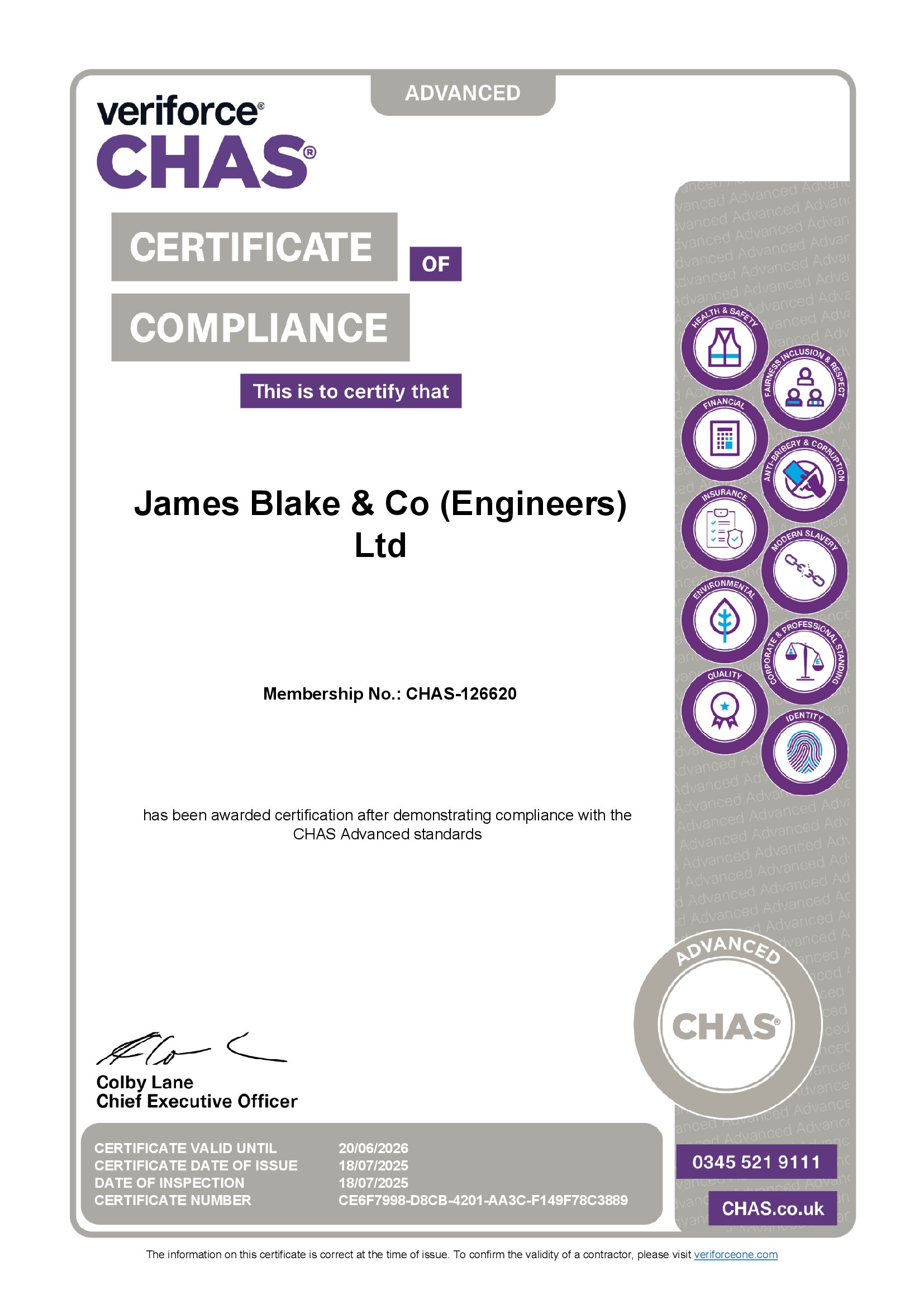 James Blake & Co (Engineers) Ltd awarded CHAS Advanced certification (valid until June 2026) and achieved compliance with PAS 91.